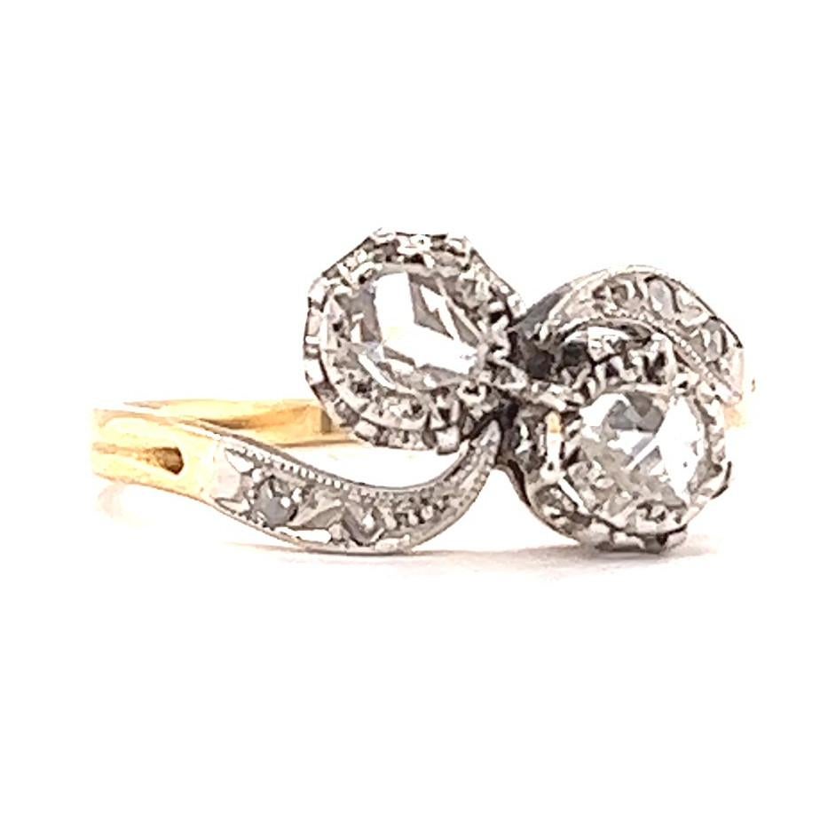 Women's or Men's Antique Rose Cut Diamond 18 Karat Gold Platinum Toi et Moi Ring