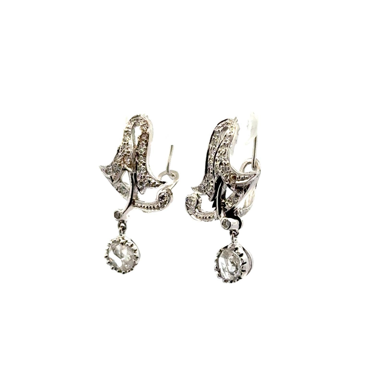 Edwardian Antique Rose Cut Diamond 18 Karat White Gold Drop Dangle Earrings For Sale