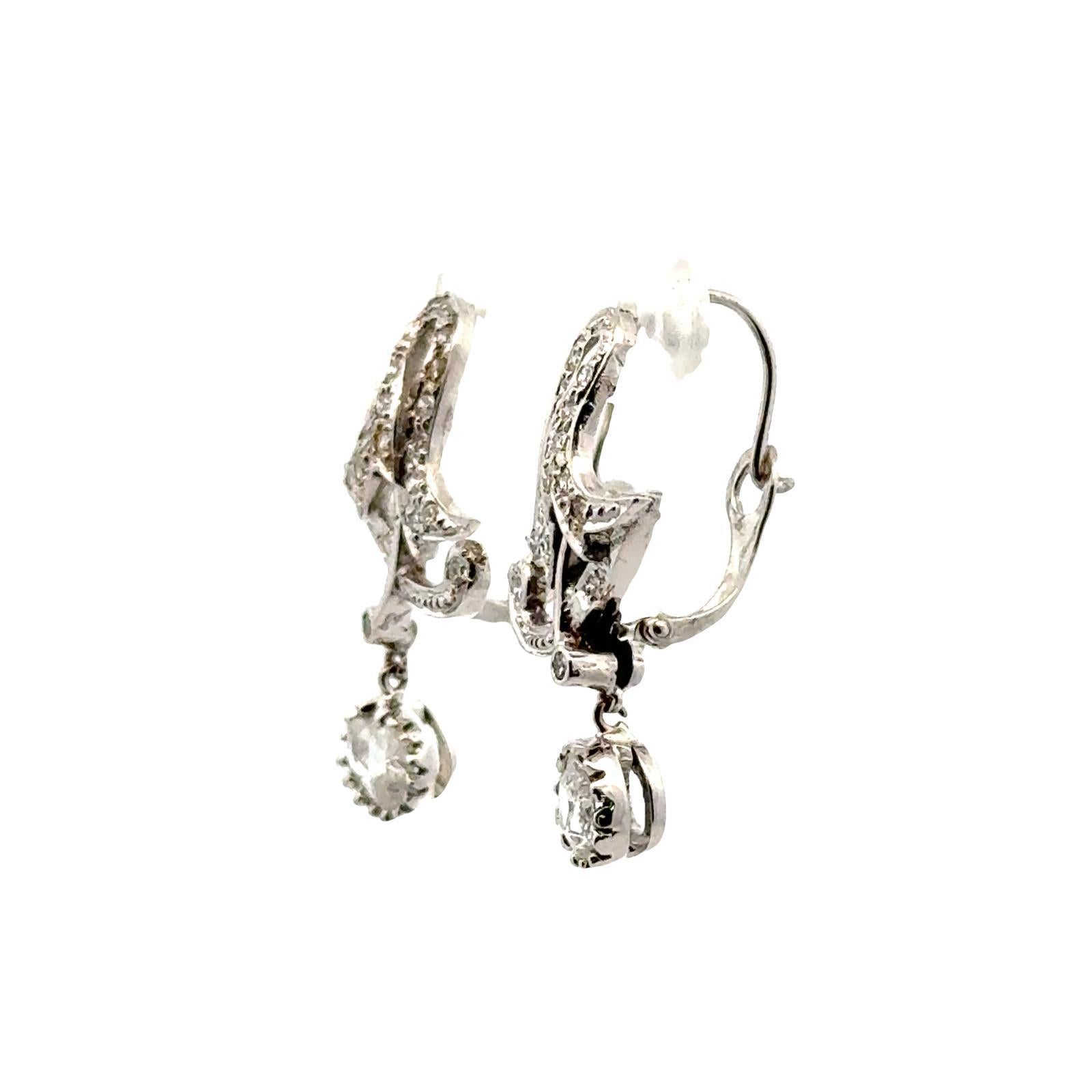 Women's Antique Rose Cut Diamond 18 Karat White Gold Drop Dangle Earrings For Sale