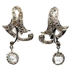Antique Rose Cut Diamond 18 Karat White Gold Drop Dangle Earrings