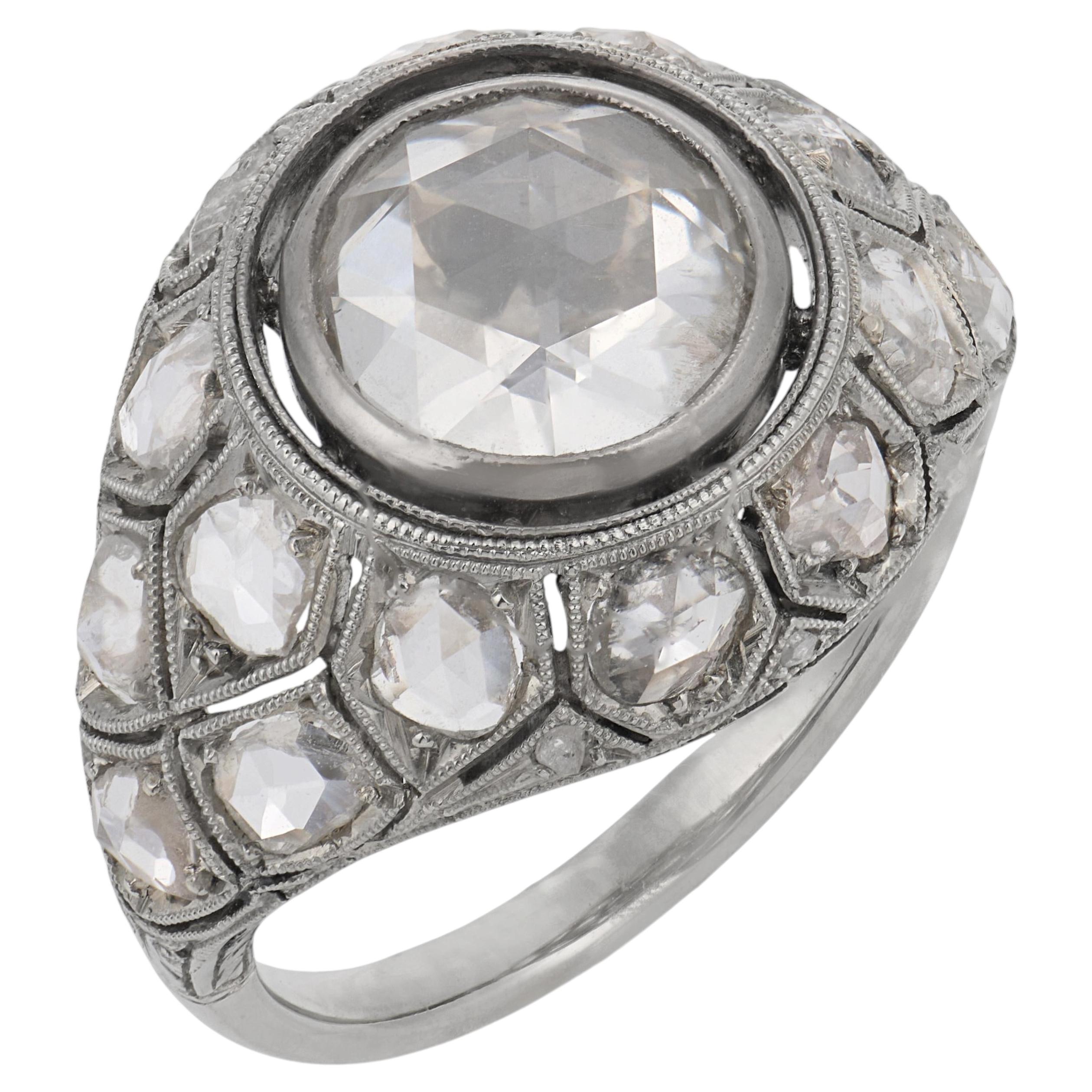 Antique rose cut diamond 18k white gold bombe ring
