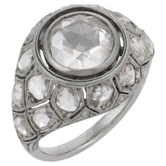 Antique rose cut diamond 18k white gold bombe ring