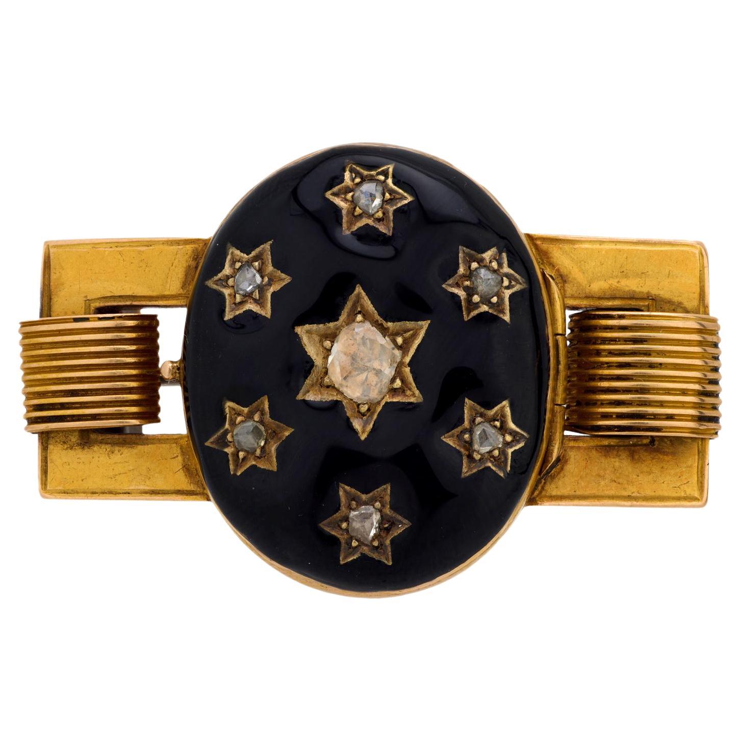 Antique rose cut diamond 18k yellow gold enamel mourning locket brooch