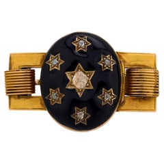 Antique rose cut diamond 18k yellow gold enamel mourning locket brooch