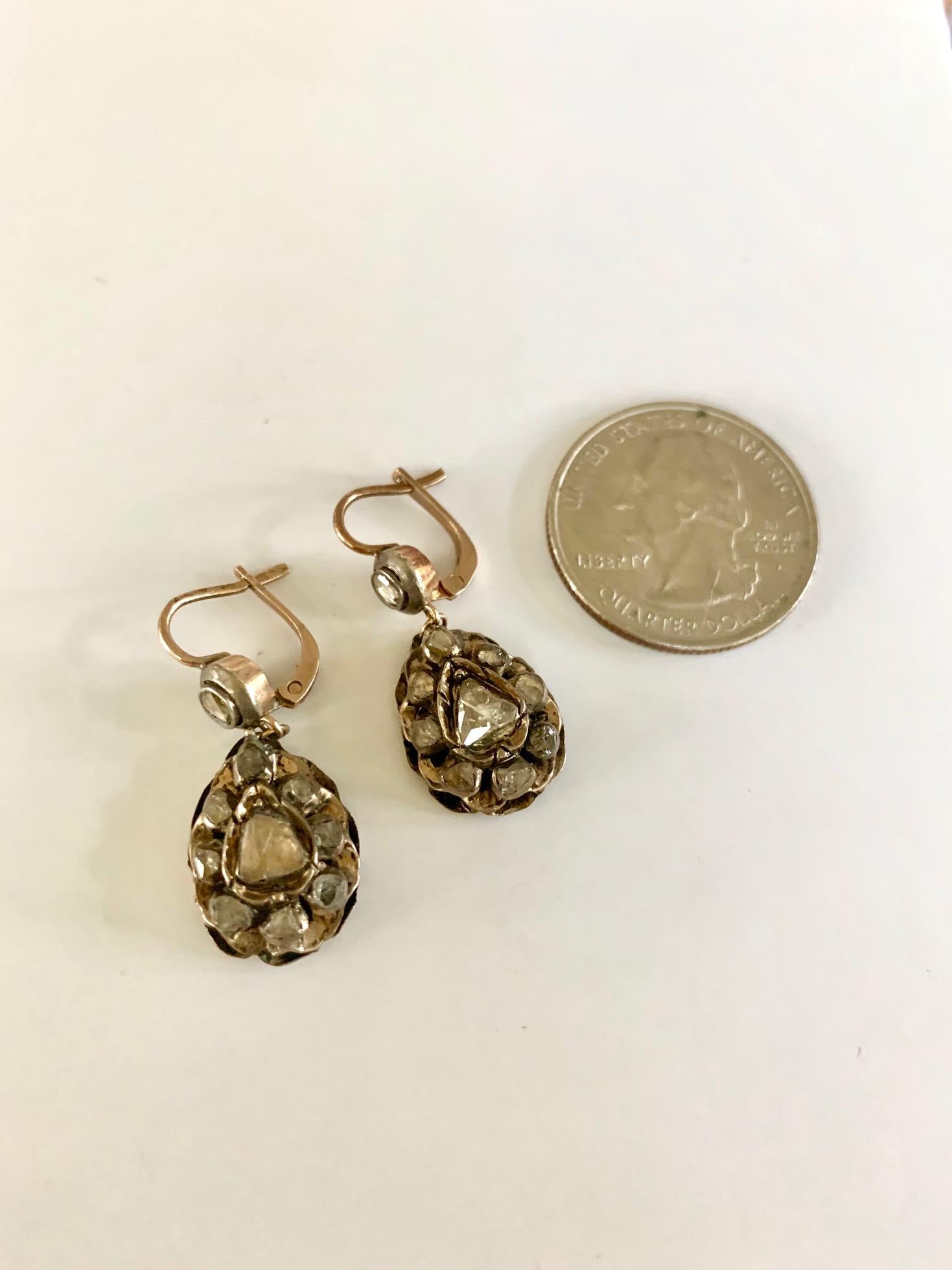 Antique Rose Cut Diamond 9 Karat Gold and Silver Drop French Hook Earrings For Sale 3