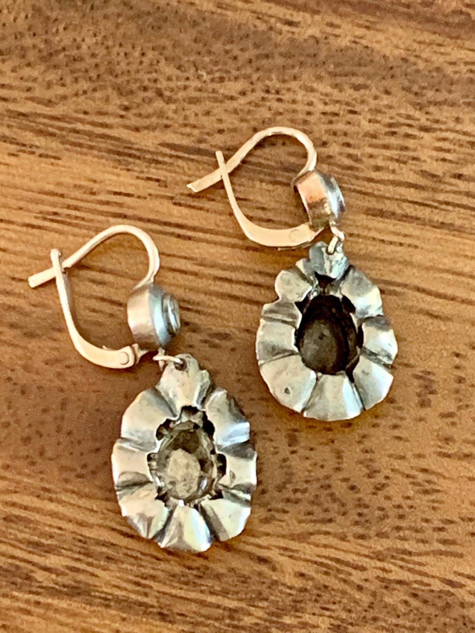 Antique Rose Cut Diamond 9 Karat Gold and Silver Drop French Hook Earrings In Good Condition For Sale In St. Louis Park, MN