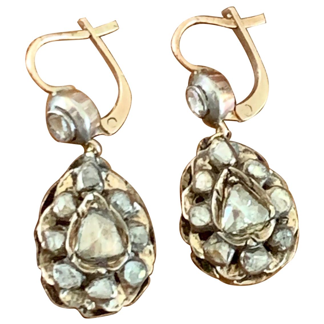Antique Rose Cut Diamond 9 Karat Gold and Silver Drop French Hook Earrings For Sale