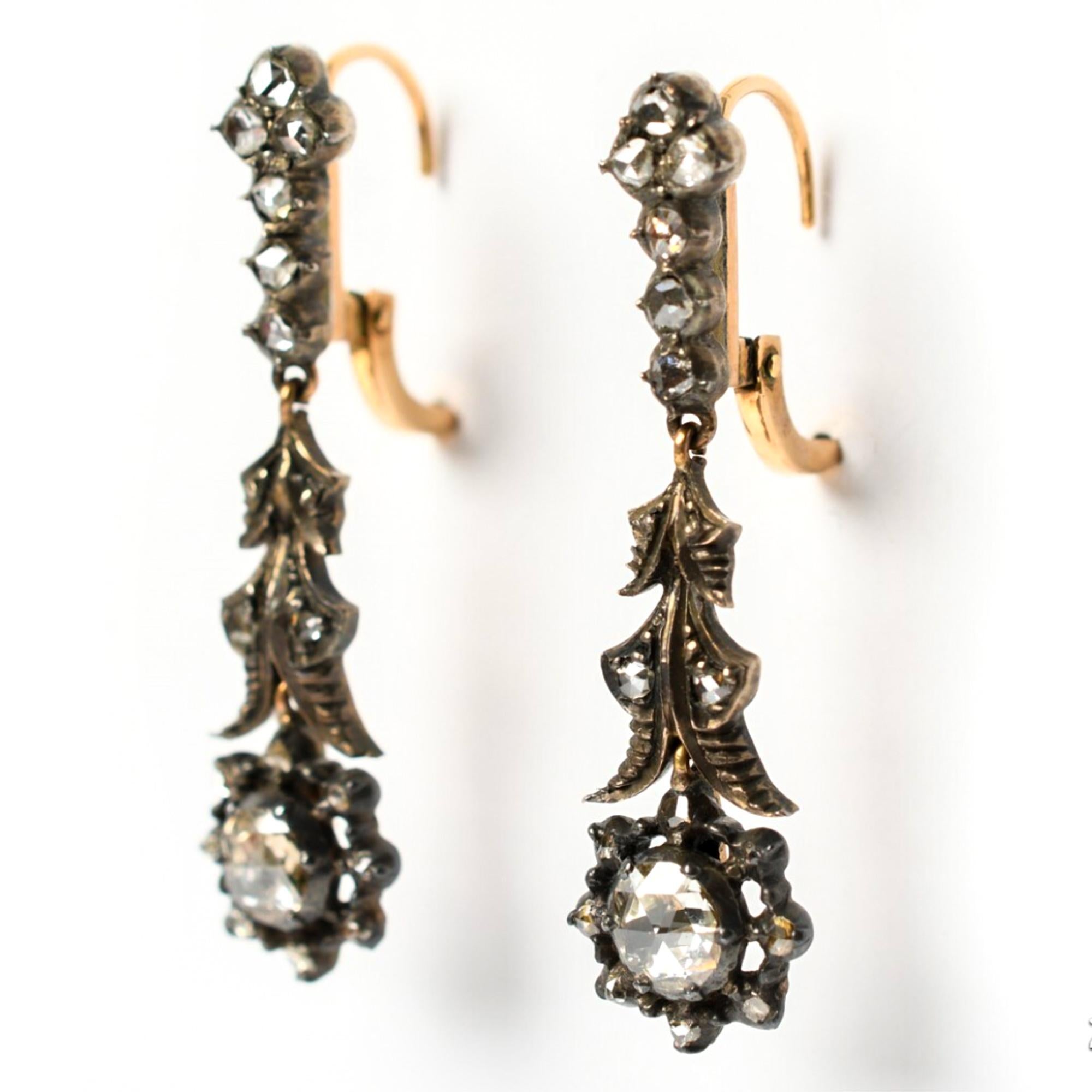 Late Victorian Antique Diamond and 14K Gold Silver Dangle Earrings For Sale