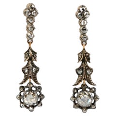 Antique Rose Cut Diamond and 14K Gold Silver Dangle Earrings