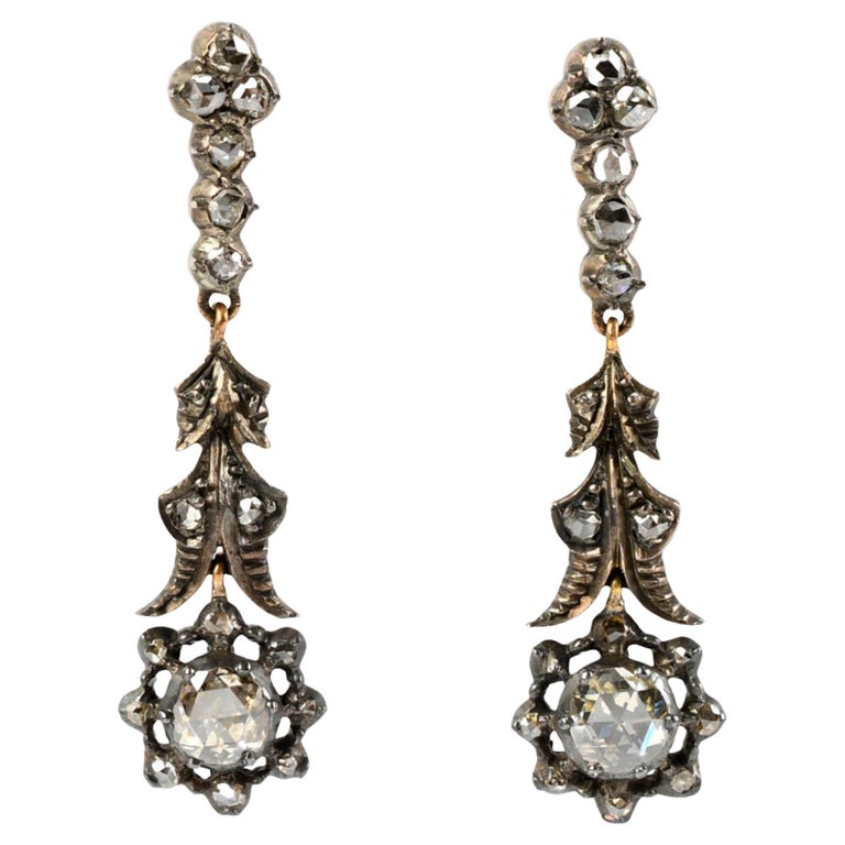 19th Century Dutch Rose Cut Diamond and 14K Gold Silver Dangle Earrings For Sale at 1stDibs