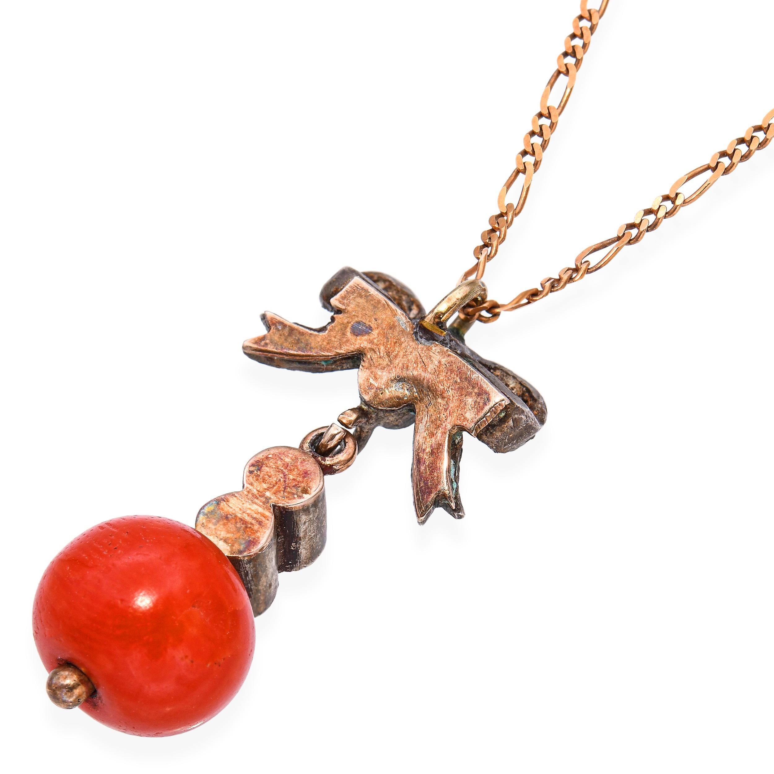 Antike Rose Cut Diamant und Coral Bead Bow Anhänger mit Kette im Zustand „Gut“ im Angebot in New York, NY