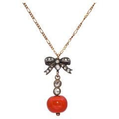 Antique Rose Cut Diamond and Coral Bead Bow Pendant With Chain