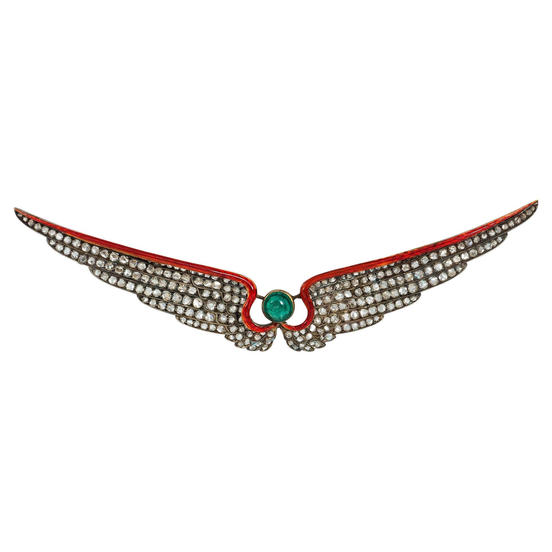 Antique Rose-Cut Diamond and Emerald Double Wing Brooch with Enamel Accent For Sale
