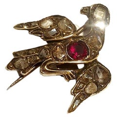 Antique Victorian Rose Cut Diamond and Garnet Swallow Bird Brooch Pendant