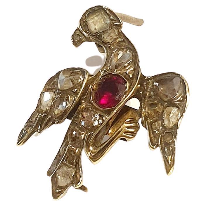 Antique Victorian Rose Cut Diamond and Garnet Swallow Bird Brooch Pendant For Sale