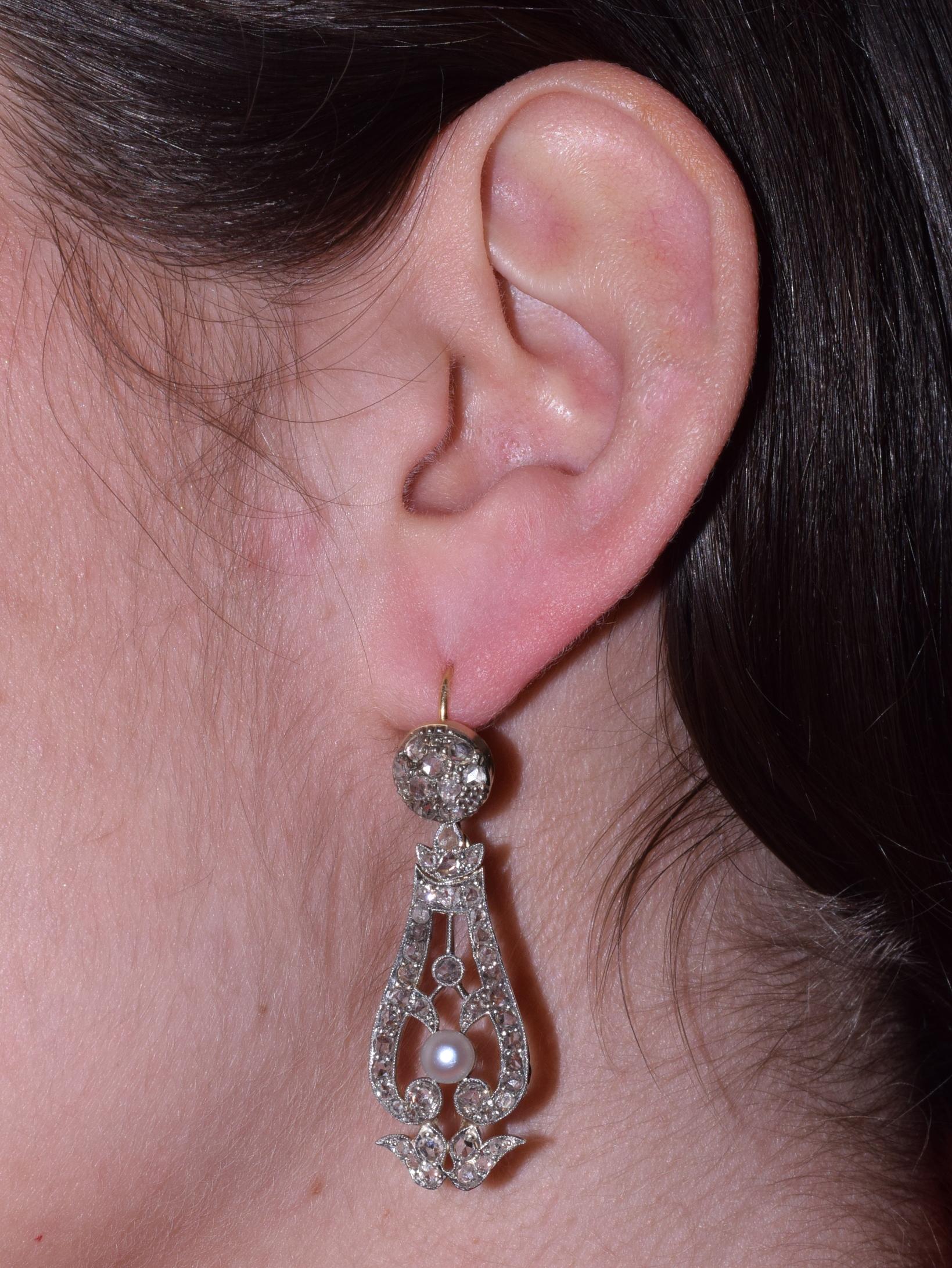 Edwardian Antique Rose Cut Diamond and Pearl Pendant Earrings