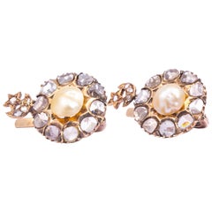 Antique Rose Cut Diamond and Pearl Yellow Gold Stud Earrings