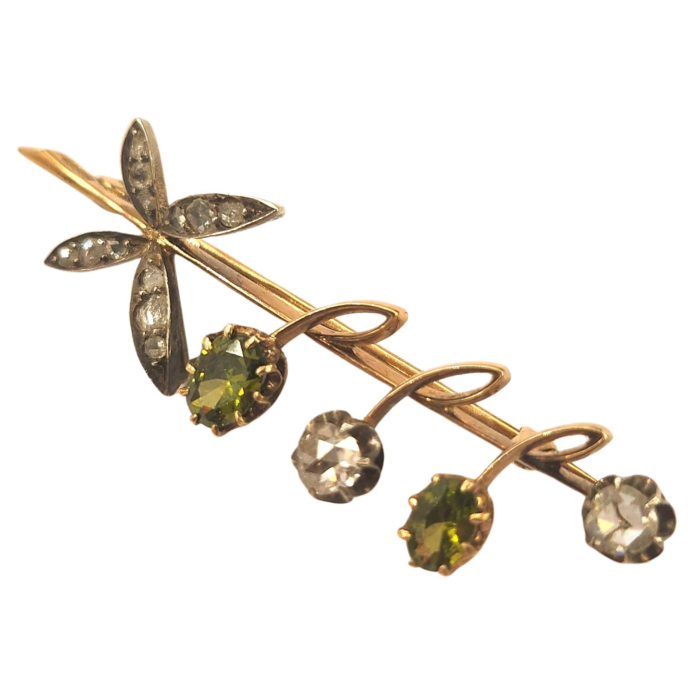 Antique Rose Cut Diamond And peridot Lily of The Valley Russian Gold Brooch For Sale