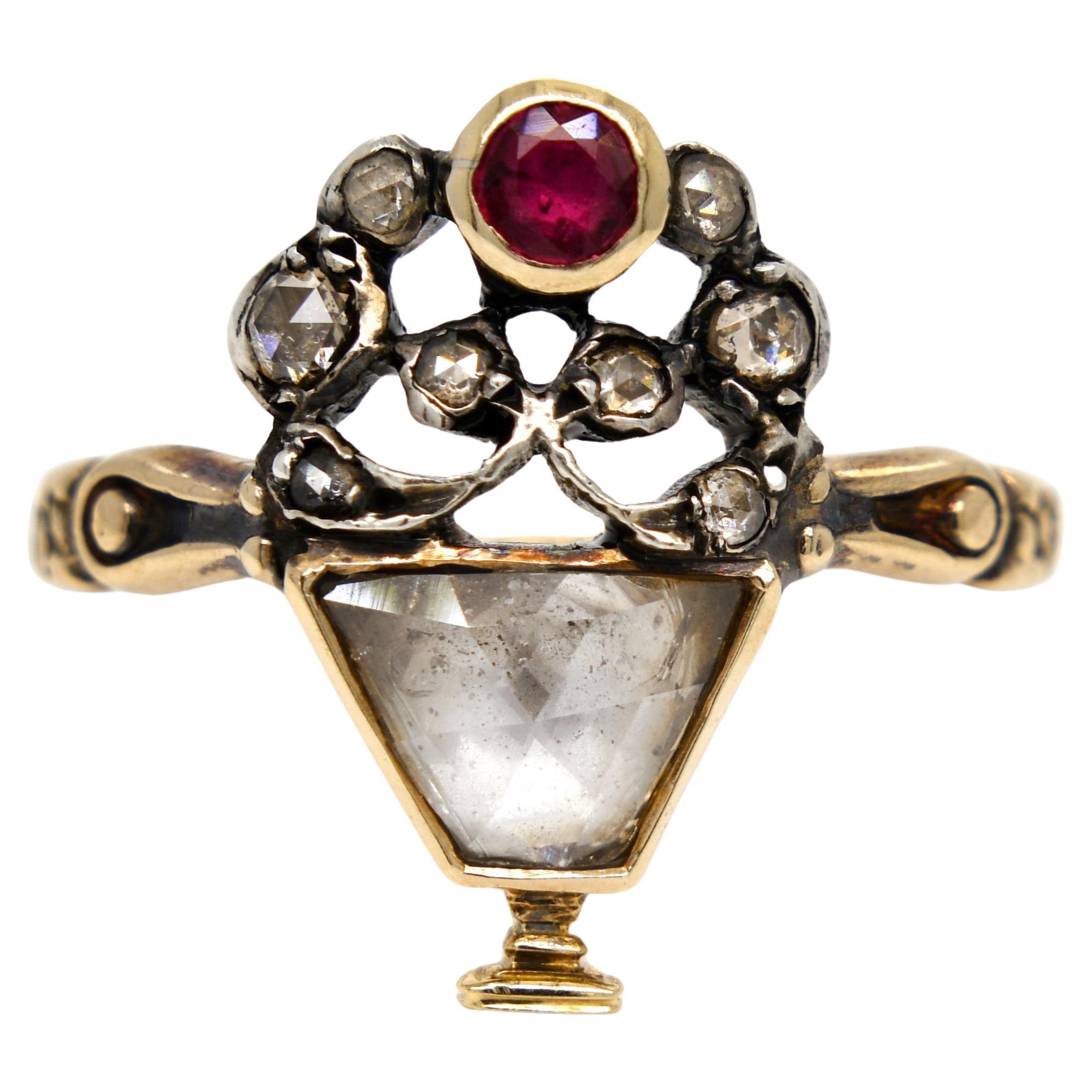 Antique rose cut diamond and ruby Giardinetti Mourning ring, Europe circa 1760