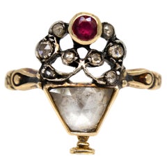 Antiguo anillo de luto Giardinetti de diamantes talla rosa y rubíes, Europa circa 1760