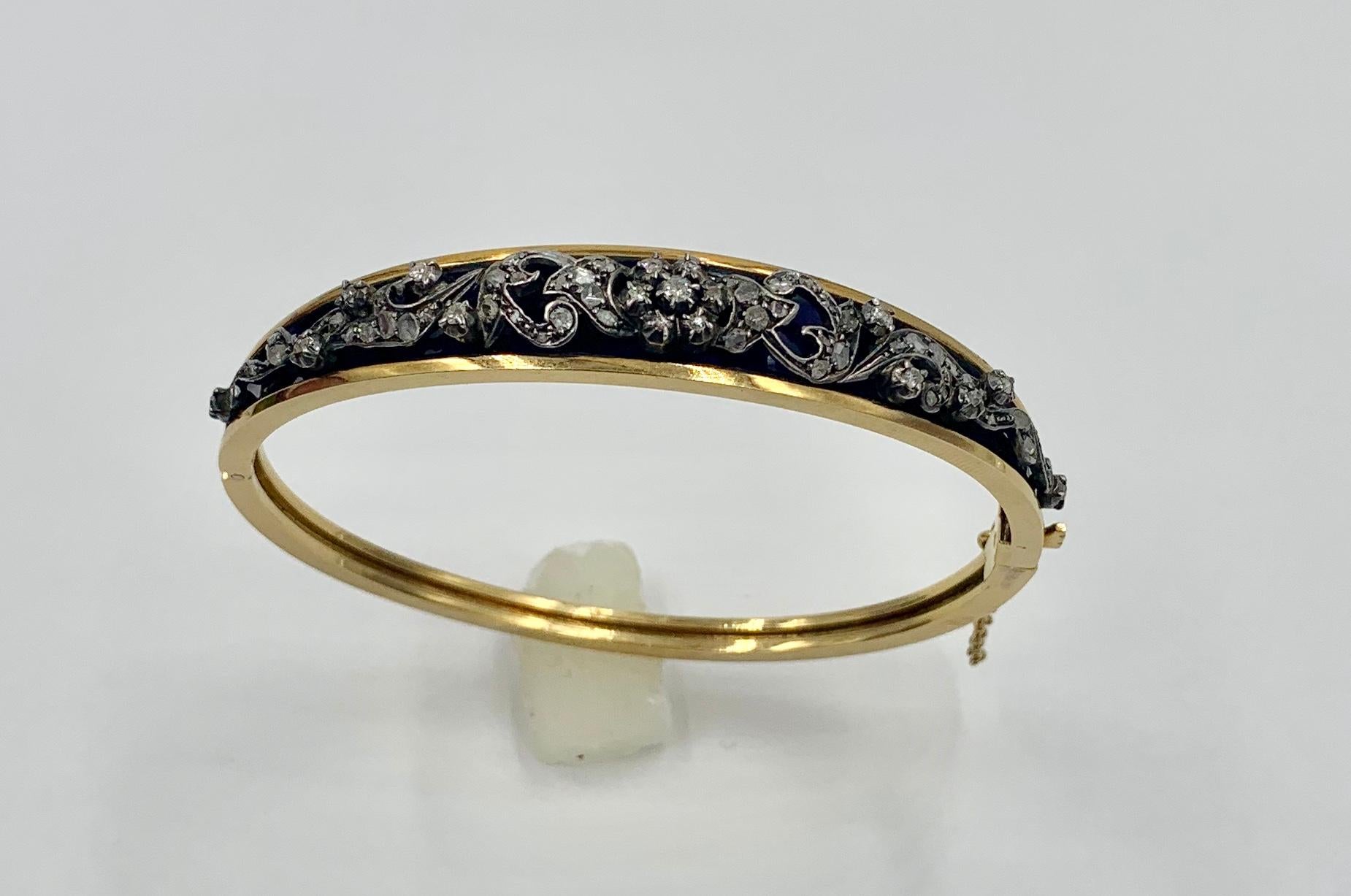 Antique Rose Cut Diamond Bangle Bracelet Blue Enamel Belle Epoque 18 Karat Gold For Sale 3