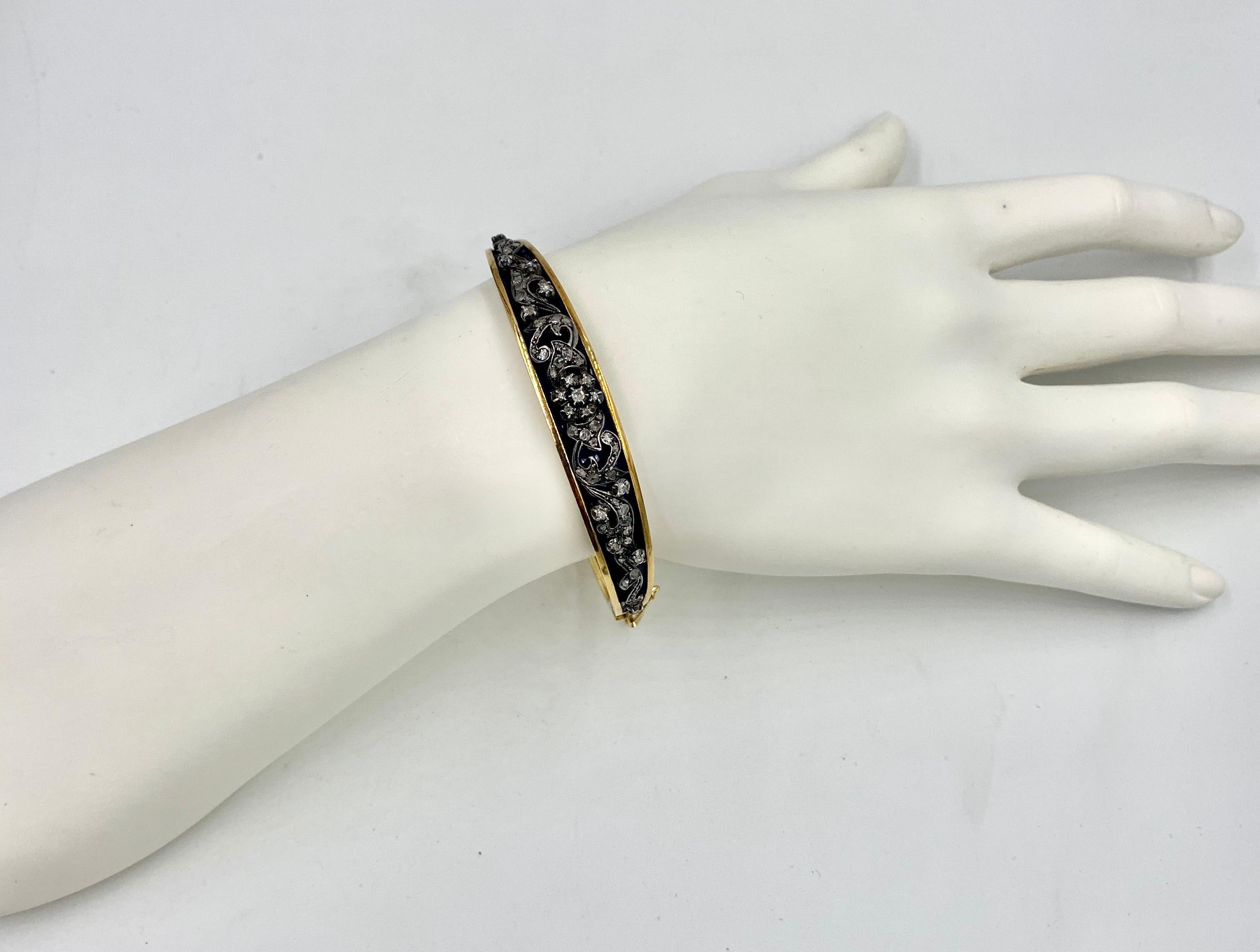 Antique Rose Cut Diamond Bangle Bracelet Blue Enamel Belle Epoque 18 Karat Gold For Sale 8