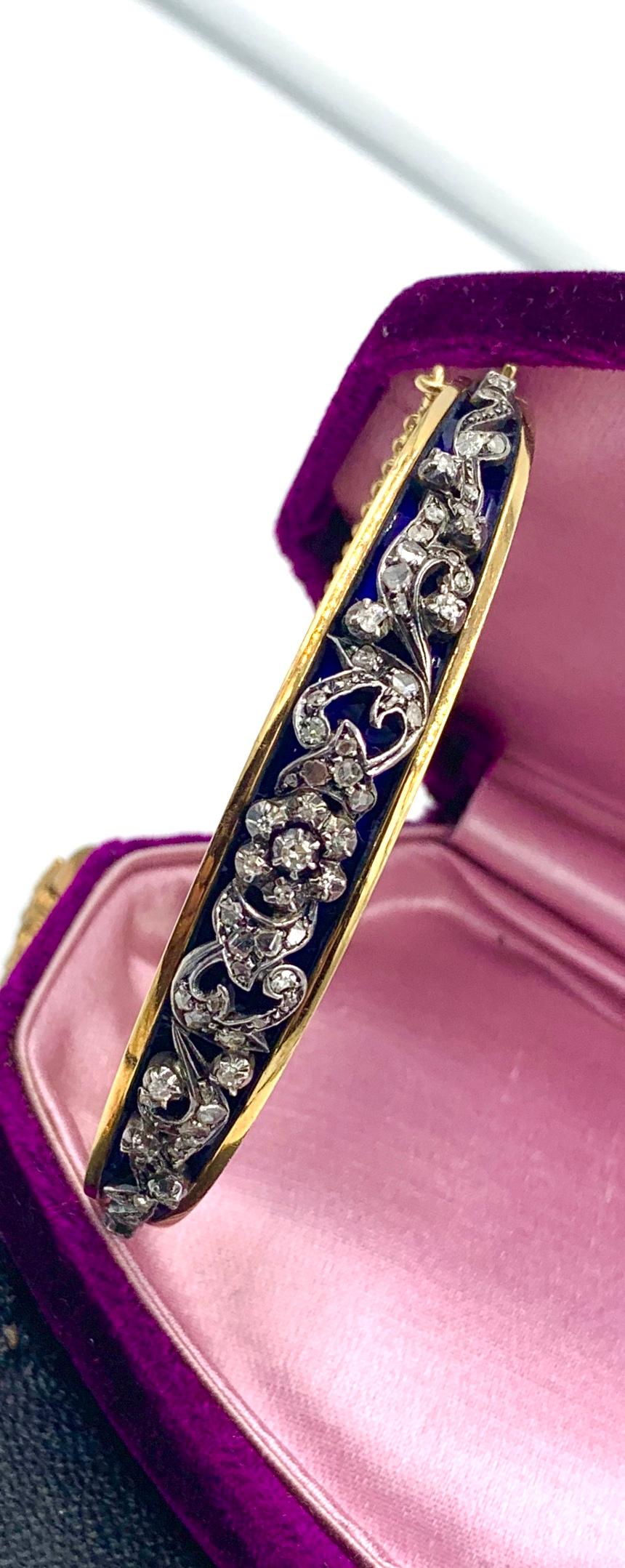 Women's Antique Rose Cut Diamond Bangle Bracelet Blue Enamel Belle Epoque 18 Karat Gold For Sale