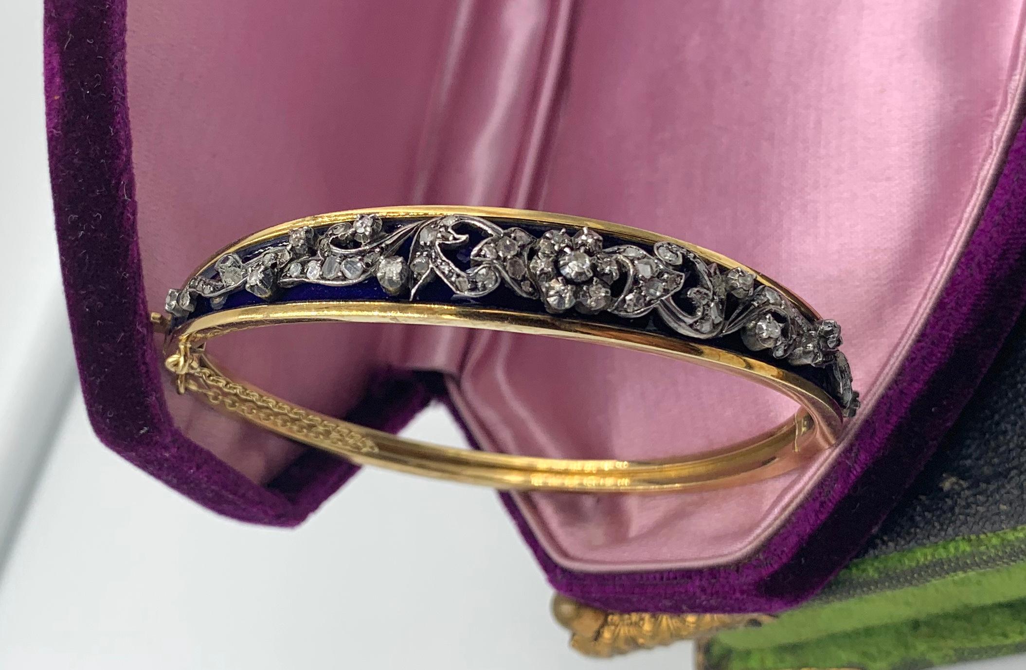 Antique Rose Cut Diamond Bangle Bracelet Blue Enamel Belle Epoque 18 Karat Gold For Sale 1