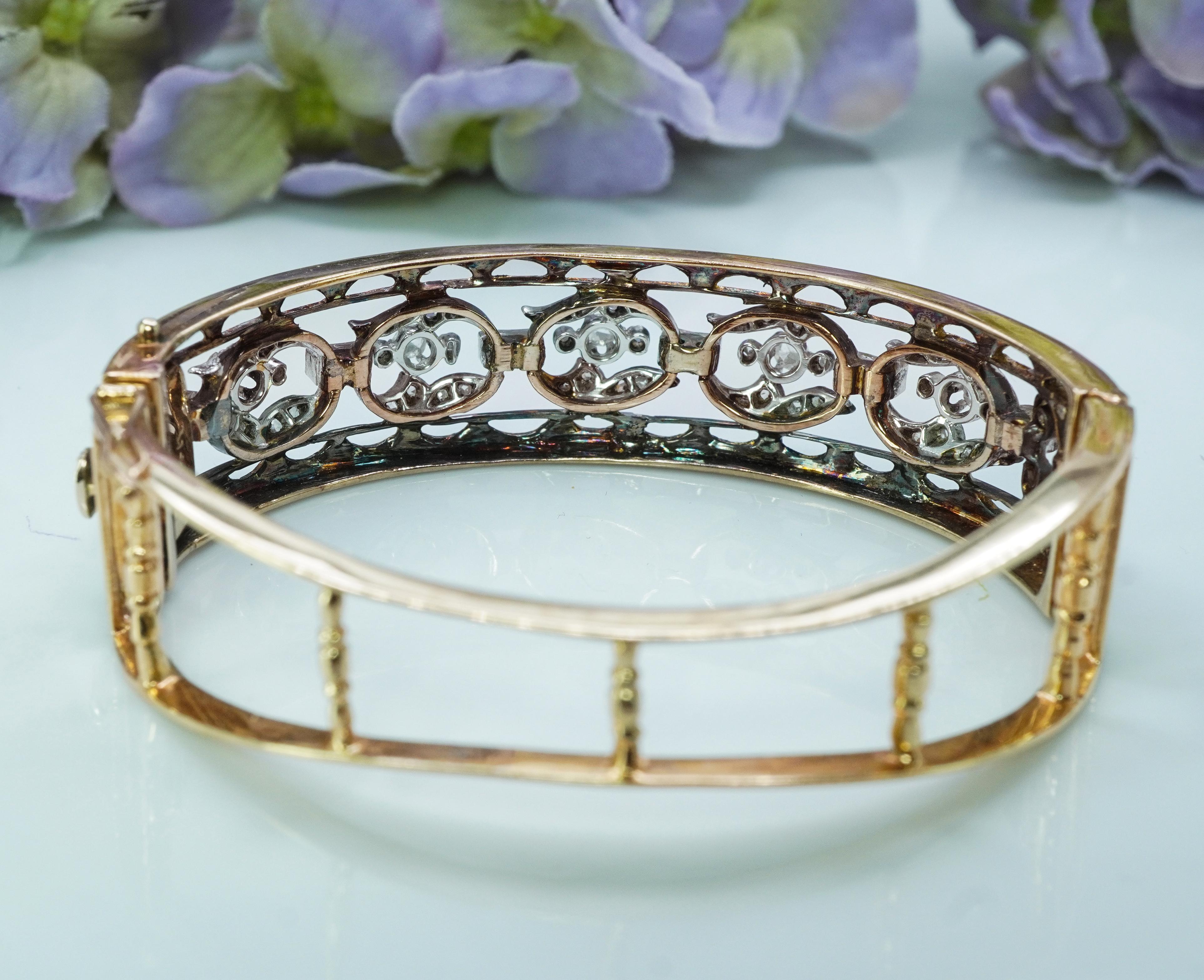 Antique Rose Cut Diamond Blue Enamel Bangle Bracelet 14K Gold Estate In Good Condition For Sale In Brambleton, US