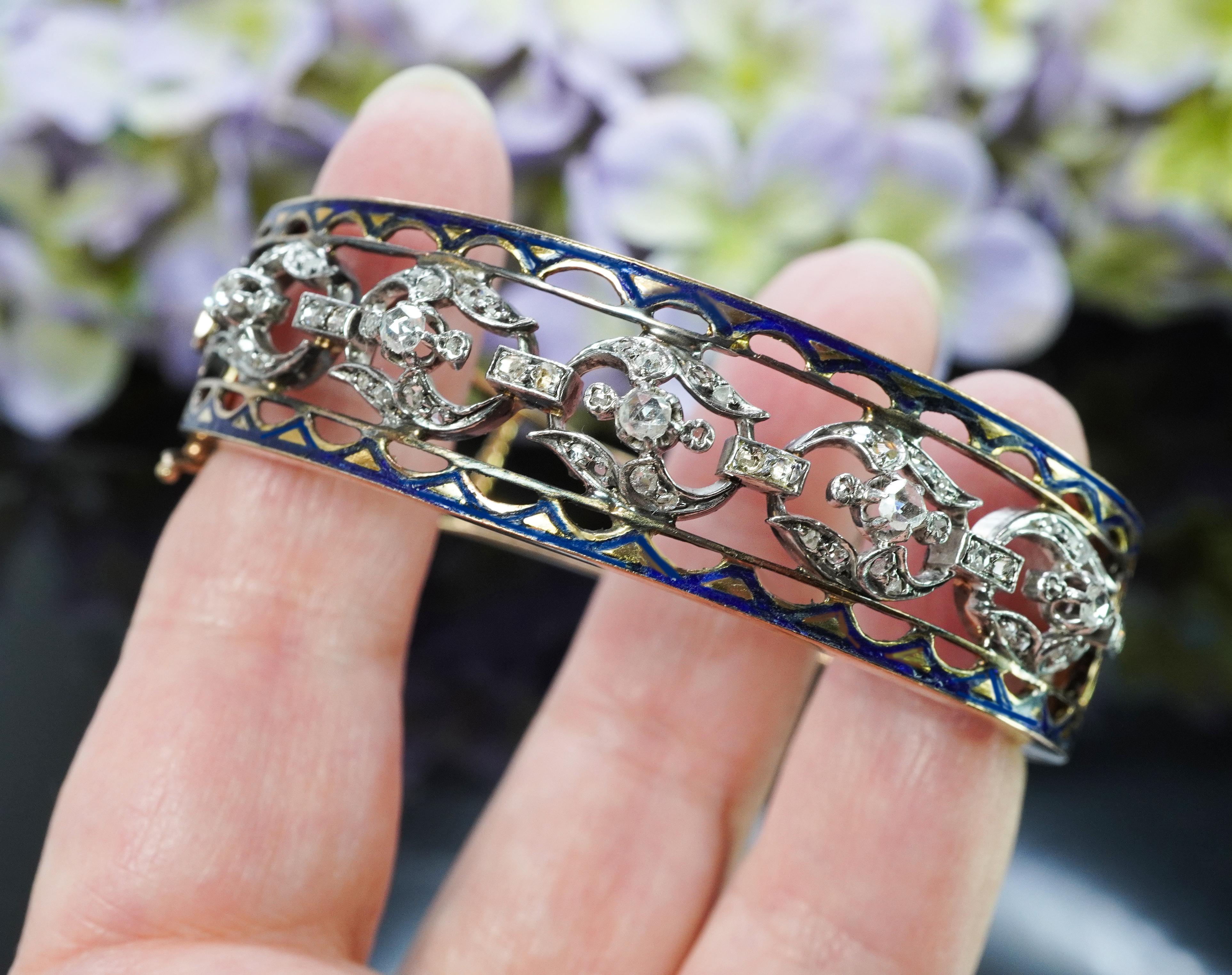 Women's Antique Rose Cut Diamond Blue Enamel Bangle Bracelet 14K Gold Estate For Sale