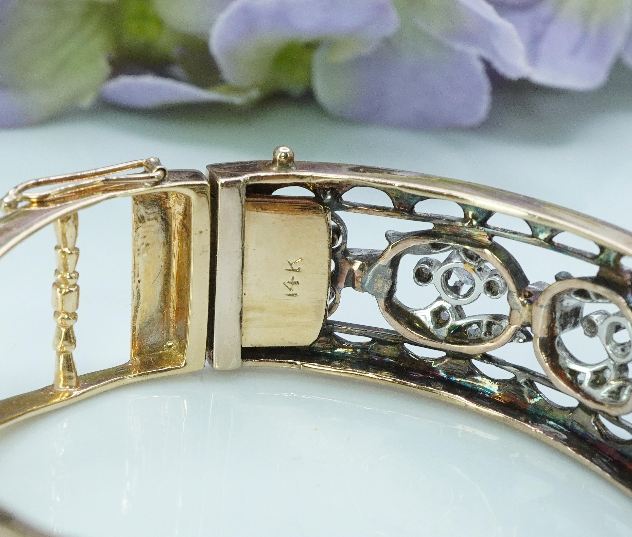 Antique Rose Cut Diamond Blue Enamel Bangle Bracelet 14K Gold Estate For Sale 1