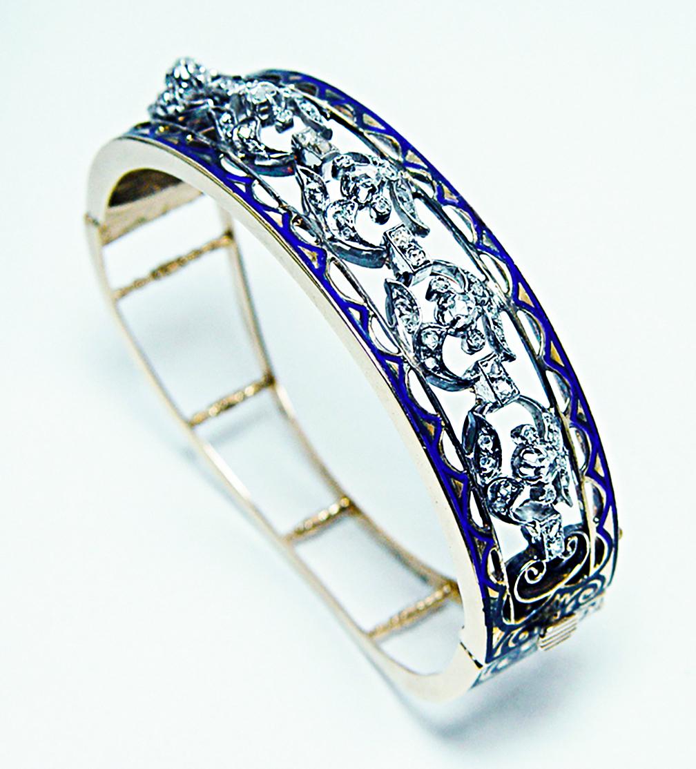 Antique Rose Cut Diamond Blue Enamel Bangle Bracelet 14K Gold Estate For Sale 2