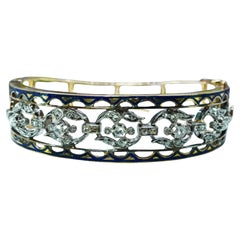 Antique Rose Cut Diamond Blue Enamel Bangle Bracelet 14K Gold Estate