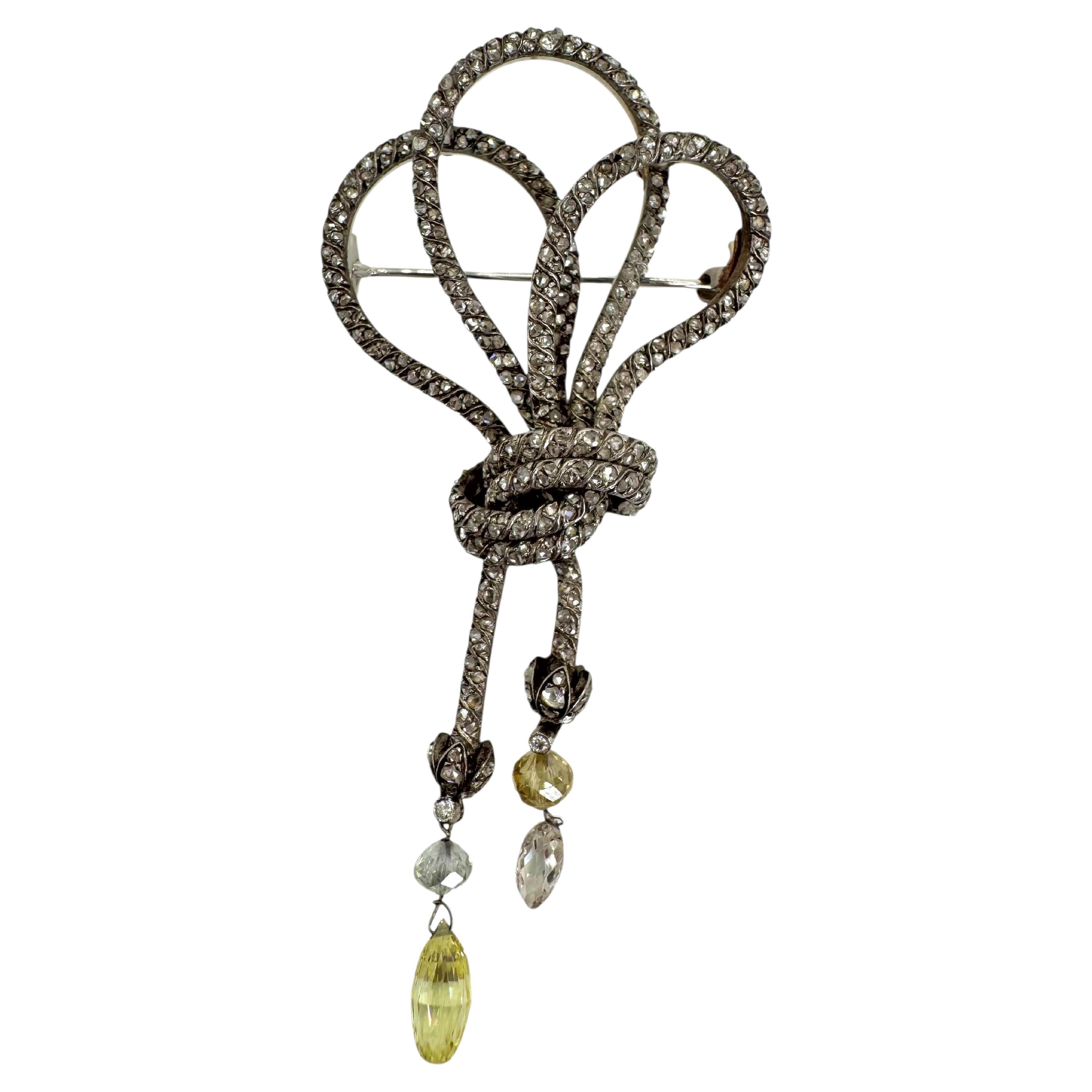 Antique Rose-Cut Diamond Bow Brooch with Fancy Briolette and Bead Diamonds