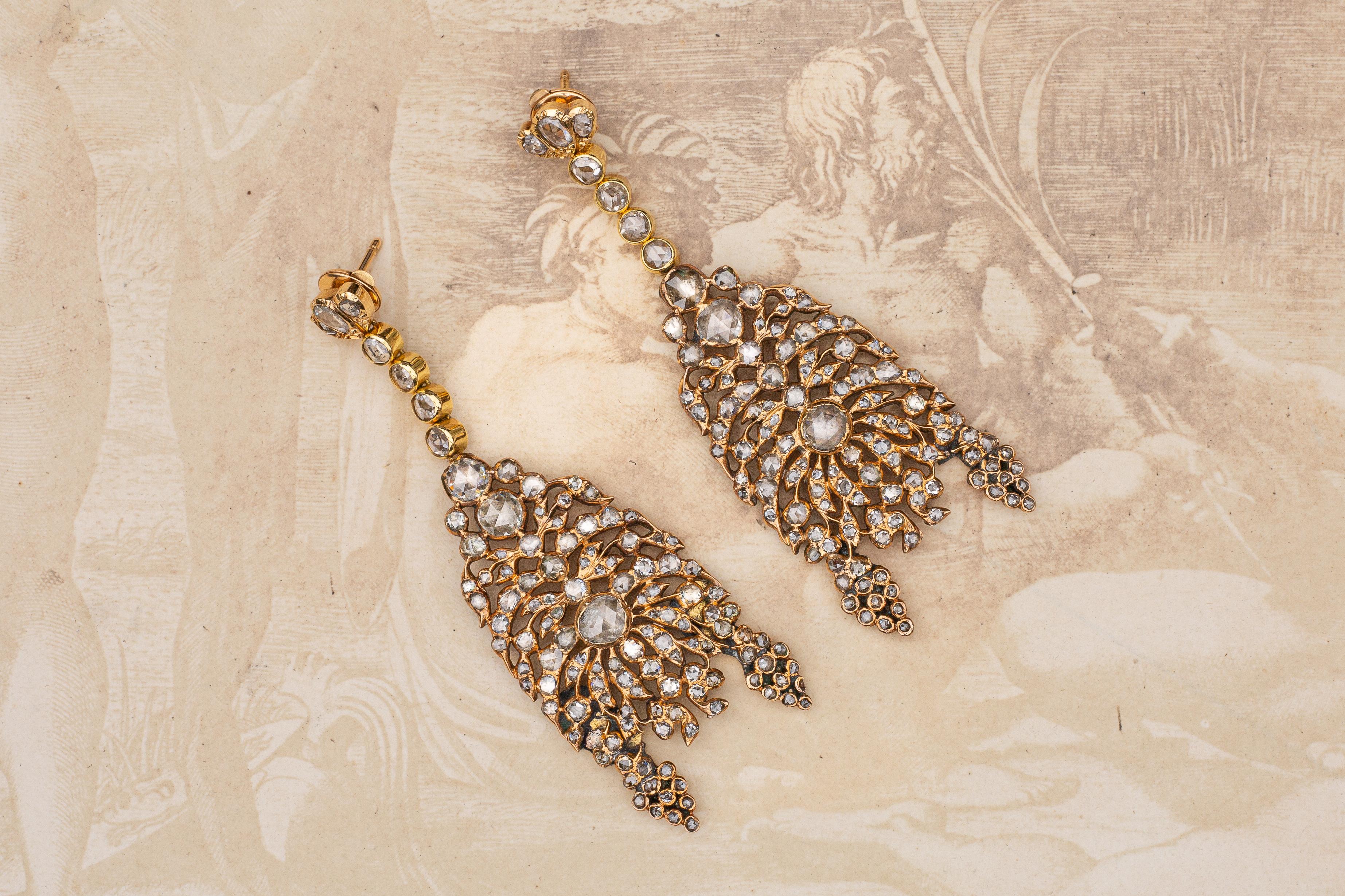 Women's or Men's Antique Rose Cut Diamond Chandelier Earrings 19th Century Victorian Georgian For Sale