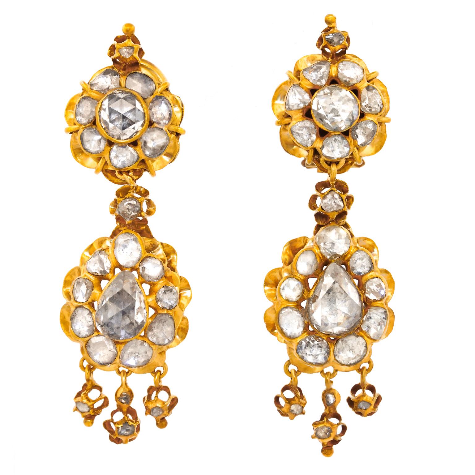 Antique Rose Cut Diamond Chandelier Earrings In Excellent Condition In Litchfield, CT