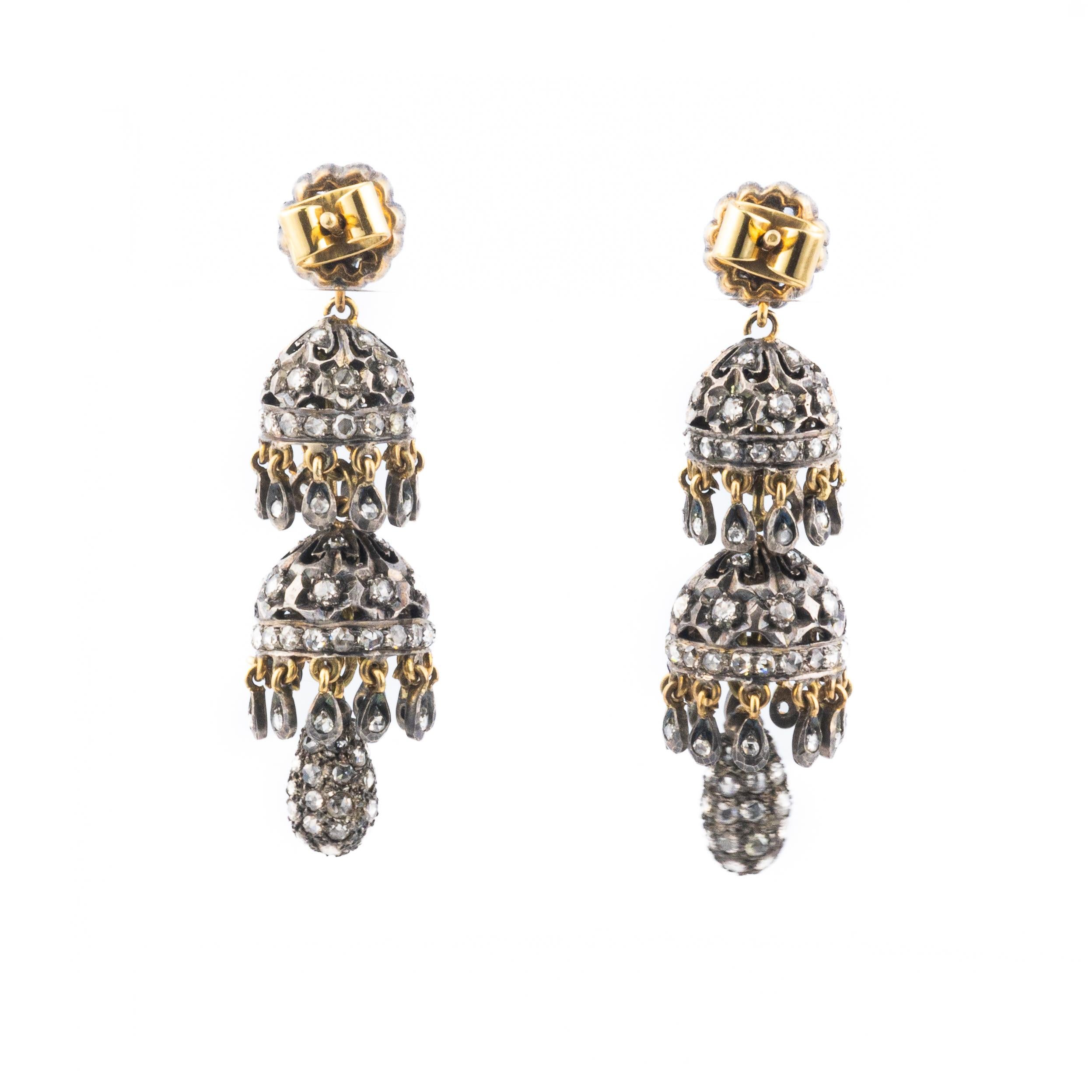 Antike Diamant-Kronleuchter-Ohrringe mit Rosenschliff in Silber und Gold (Retro) im Angebot
