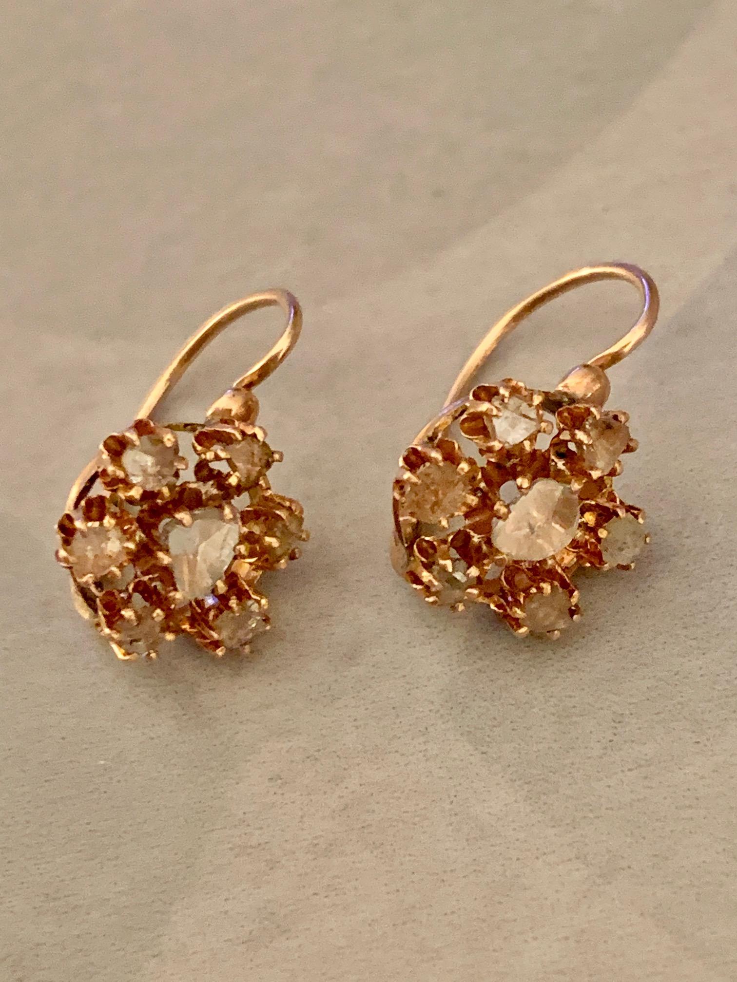 Women's Antique Rose Cut Diamond Cluster 9 Karat Yellow Gold Front Closure Earrings