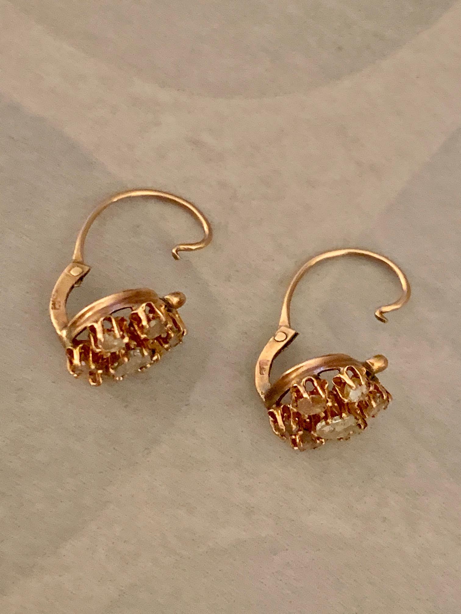 Antique Rose Cut Diamond Cluster 9 Karat Yellow Gold Front Closure Earrings 1