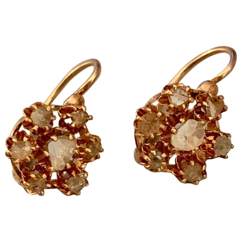 Antique Rose Cut Diamond Cluster 9 Karat Yellow Gold Front Closure Earrings