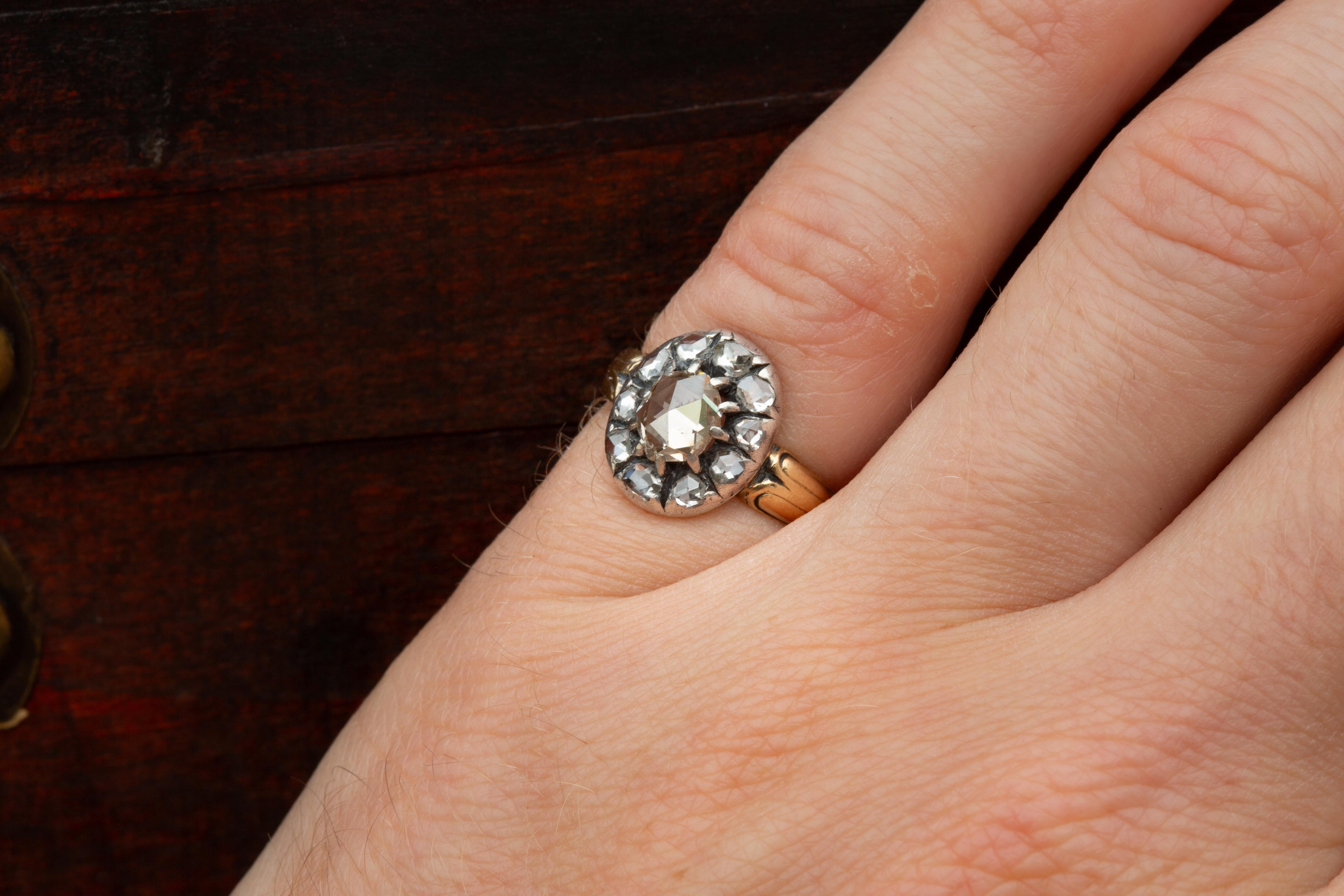 Antique Rose Cut Diamond Cluster Ring 18K Gold Georgian Engagement For Sale 4