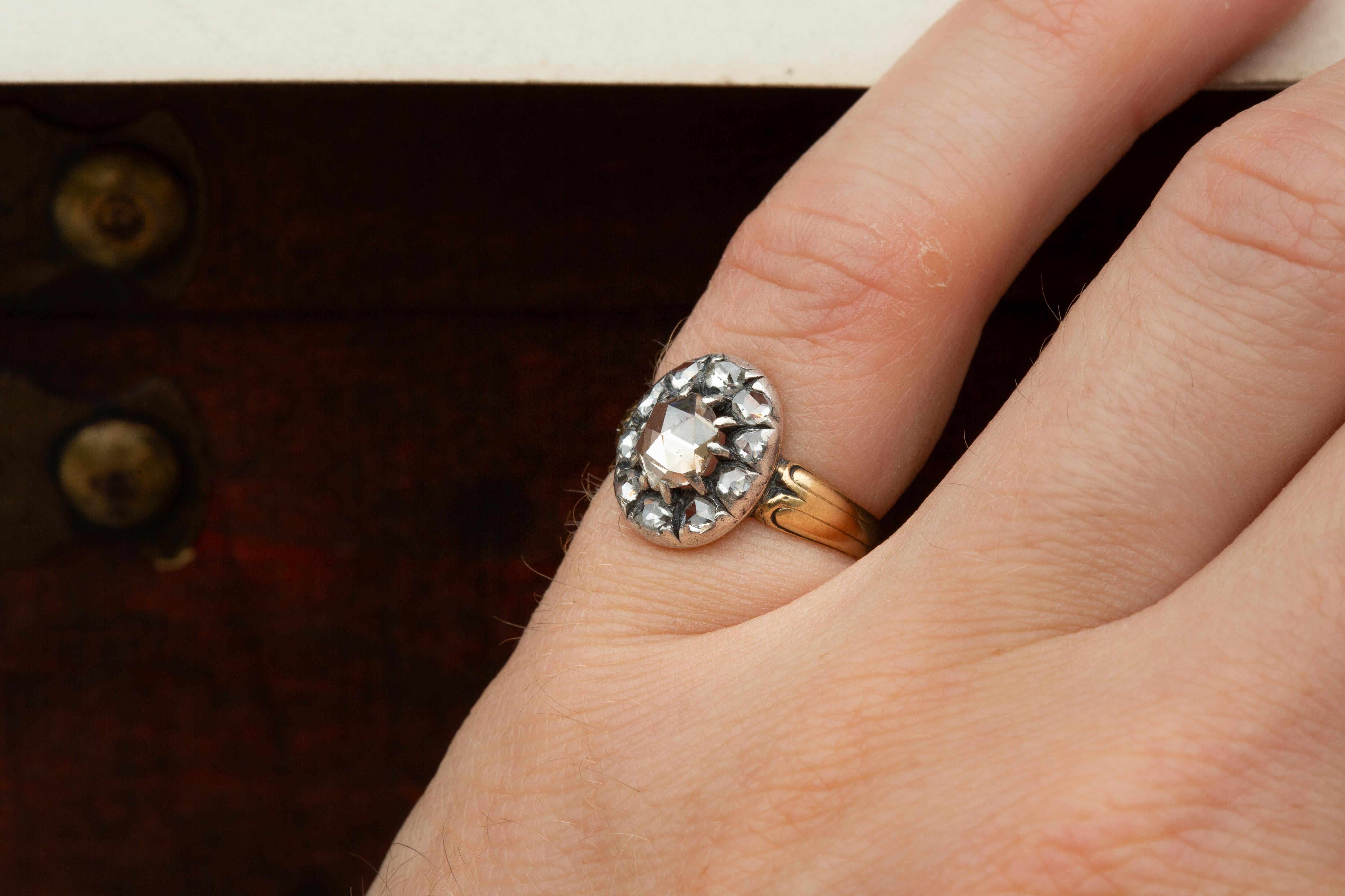 Antique Rose Cut Diamond Cluster Ring 18K Gold Georgian Engagement For Sale 5