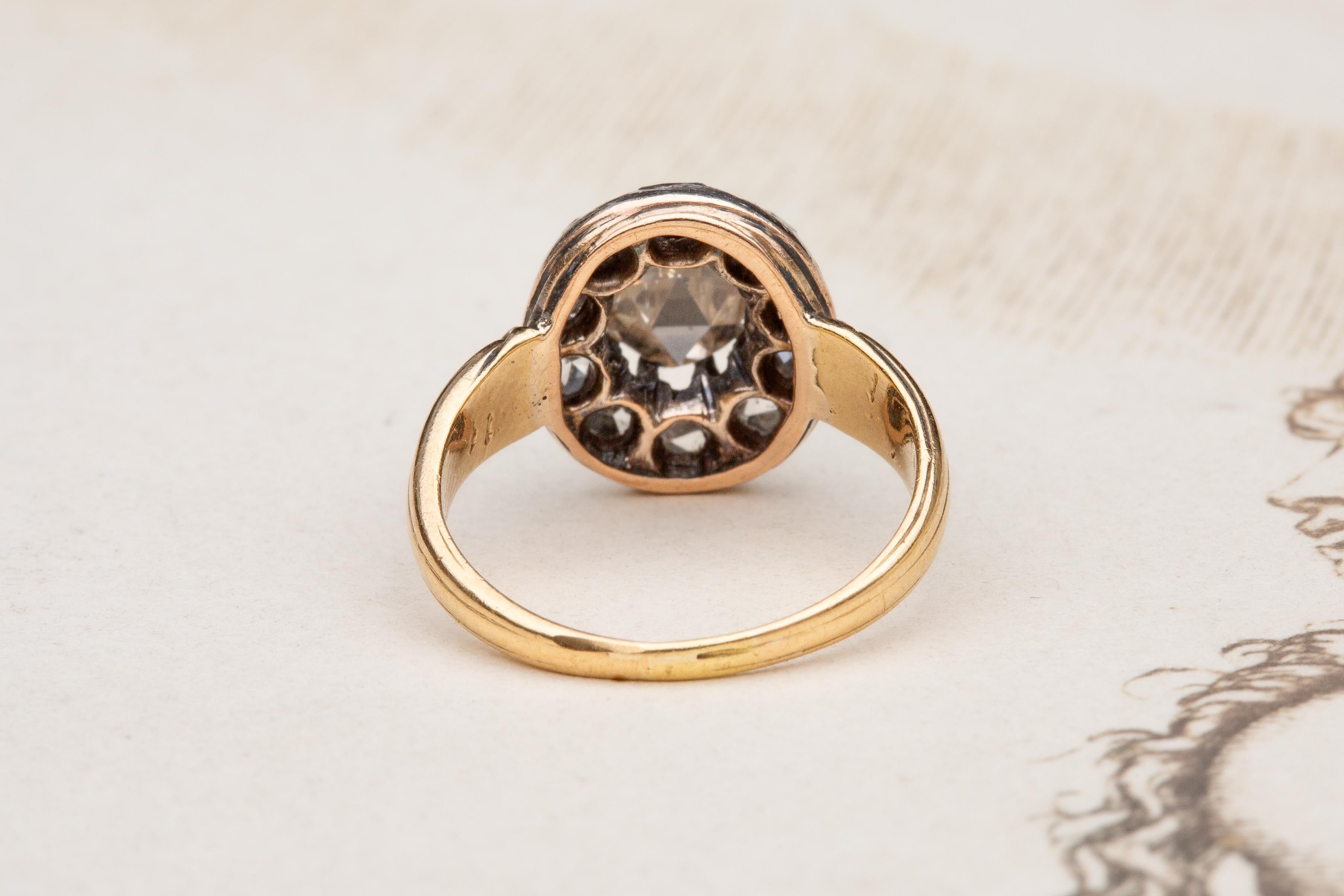 Antique Rose Cut Diamond Cluster Ring 18K Gold Georgian Engagement In Excellent Condition For Sale In London, GB