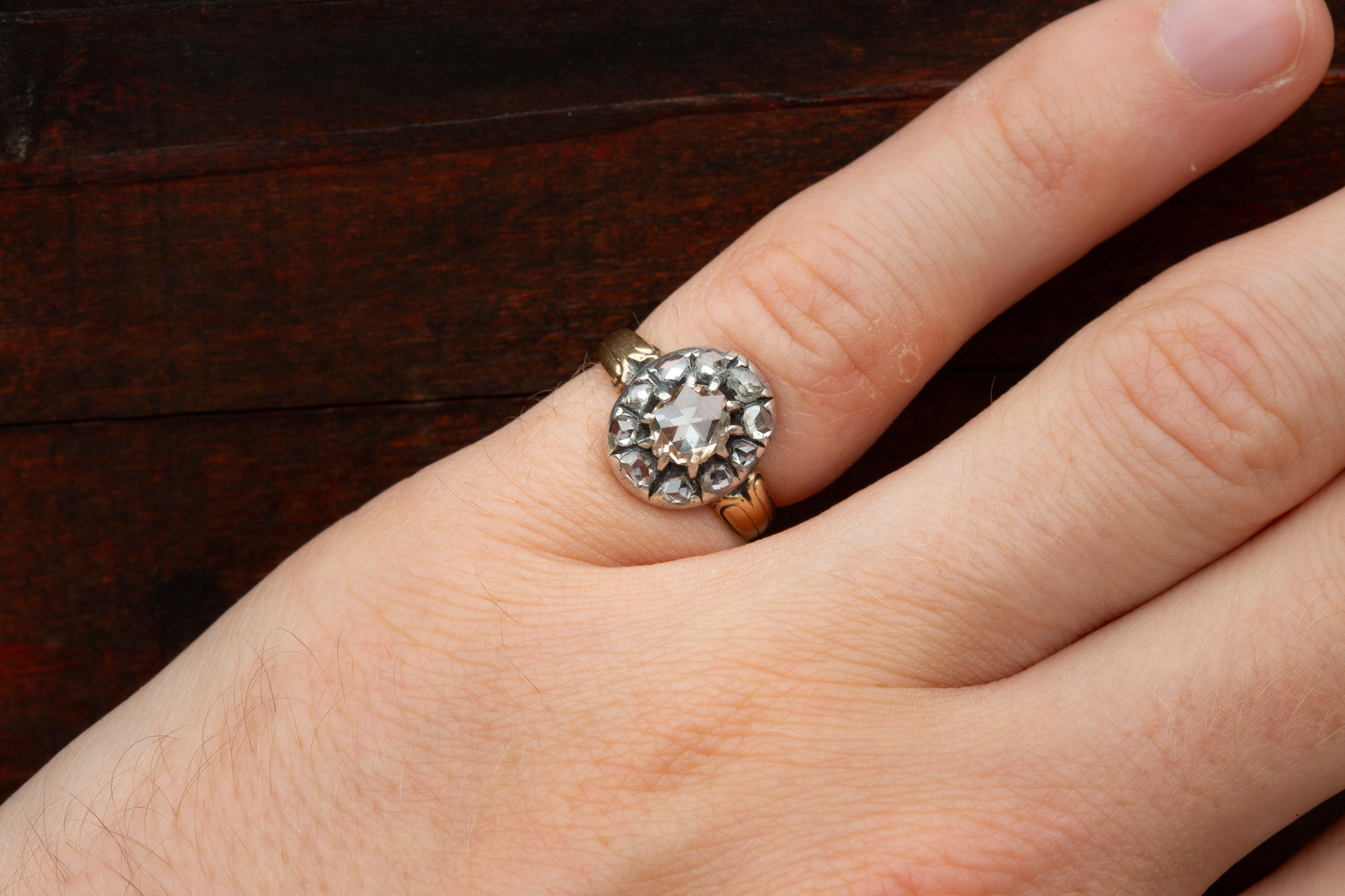 Antique Rose Cut Diamond Cluster Ring 18K Gold Georgian Engagement For Sale 3