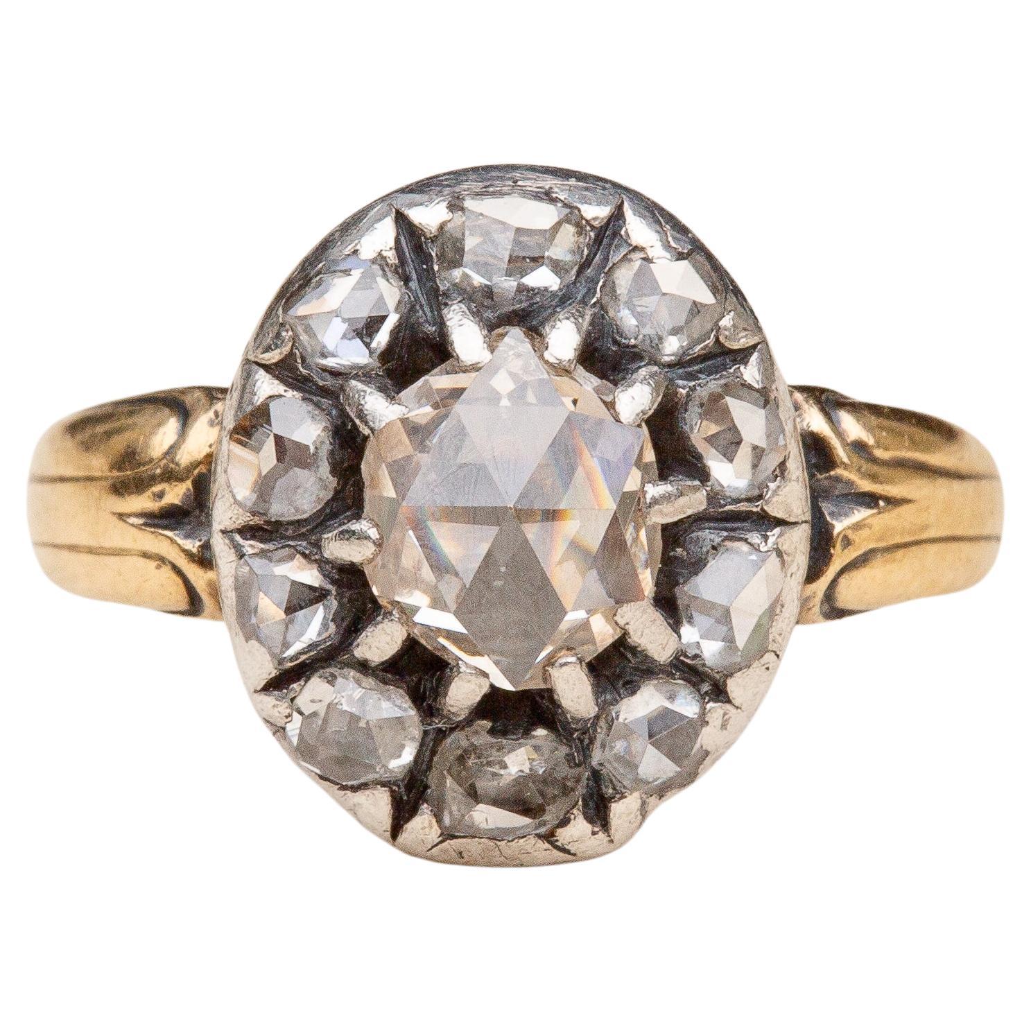 Antique Rose Cut Diamond Cluster Ring 18K Gold Georgian Engagement For Sale