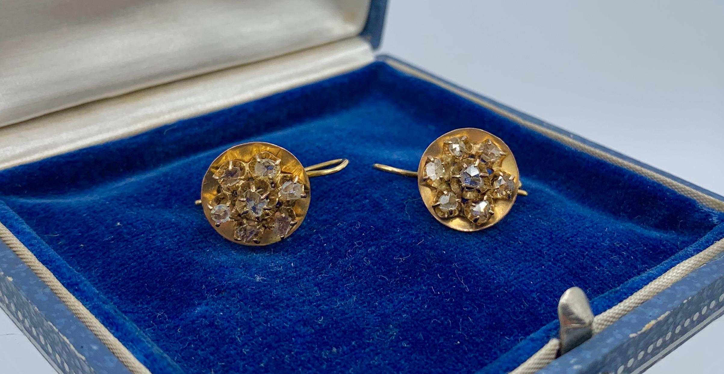 Victorian Antique Rose Cut Diamond Dangle Drop Earrings 14 Karat Gold For Sale
