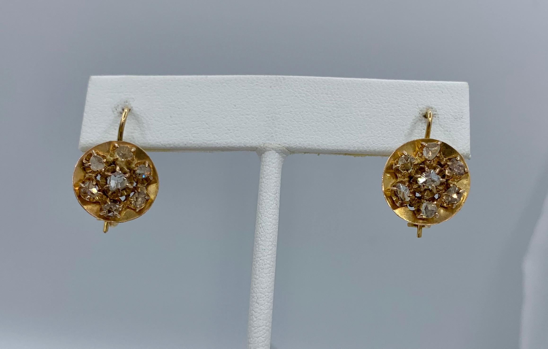 Antique Rose Cut Diamond Dangle Drop Earrings 14 Karat Gold In Good Condition For Sale In New York, NY