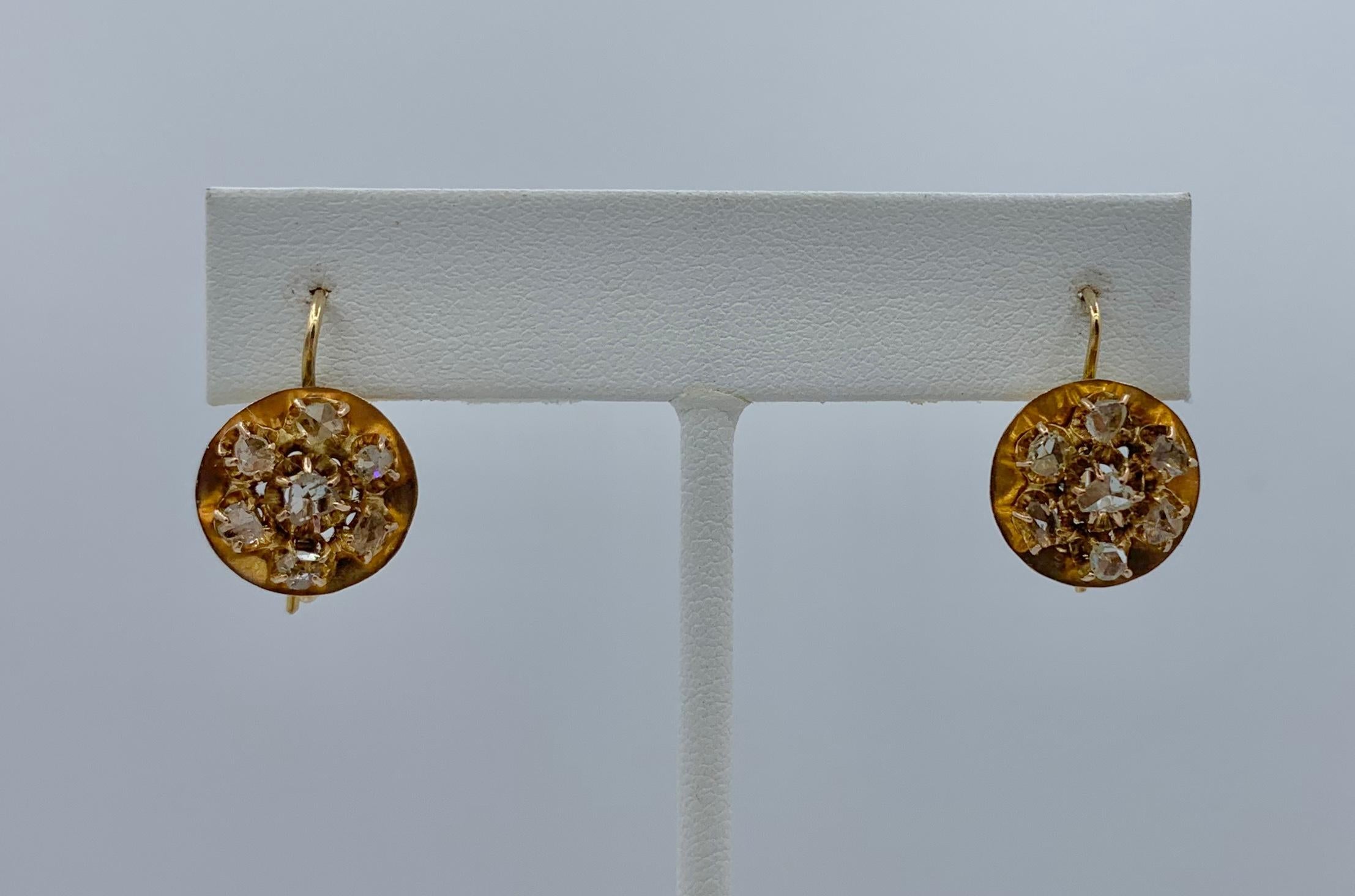 Women's Antique Rose Cut Diamond Dangle Drop Earrings 14 Karat Gold For Sale