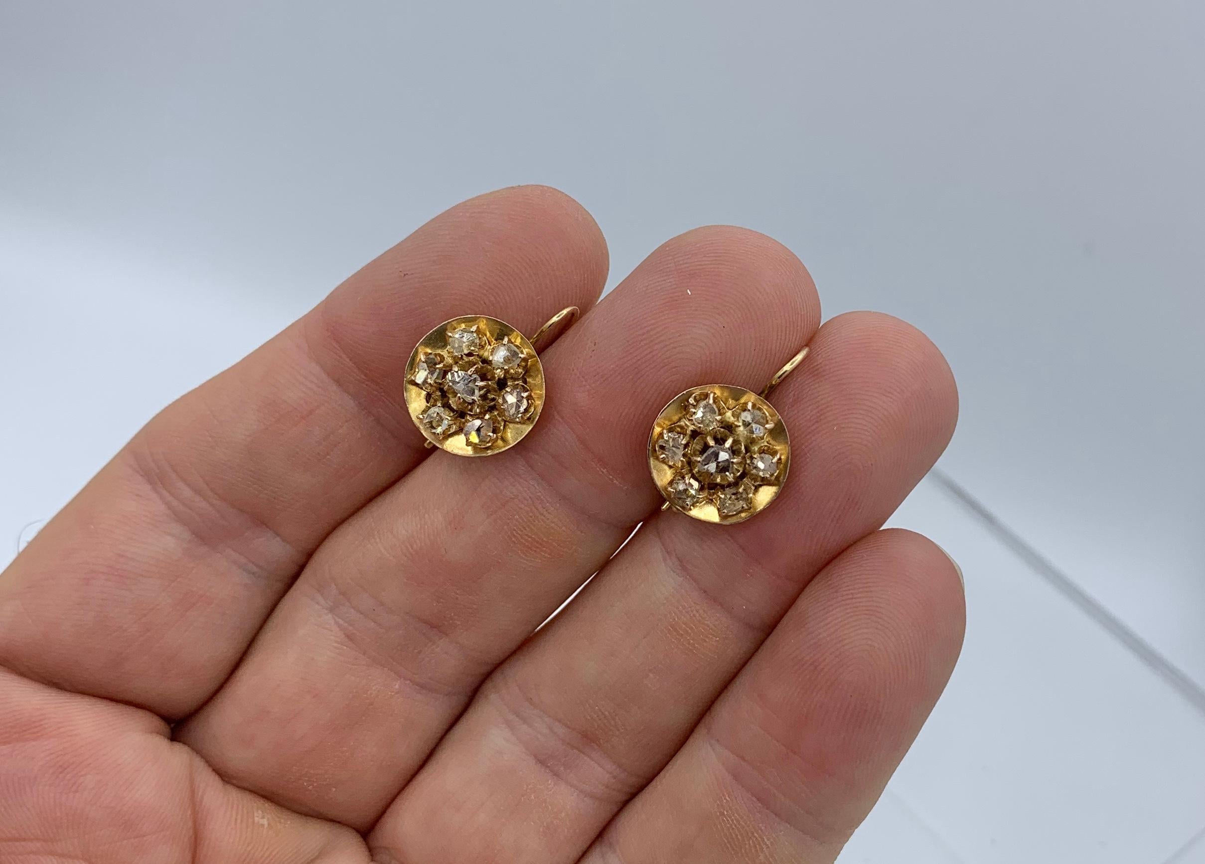 Antique Rose Cut Diamond Dangle Drop Earrings 14 Karat Gold For Sale 2