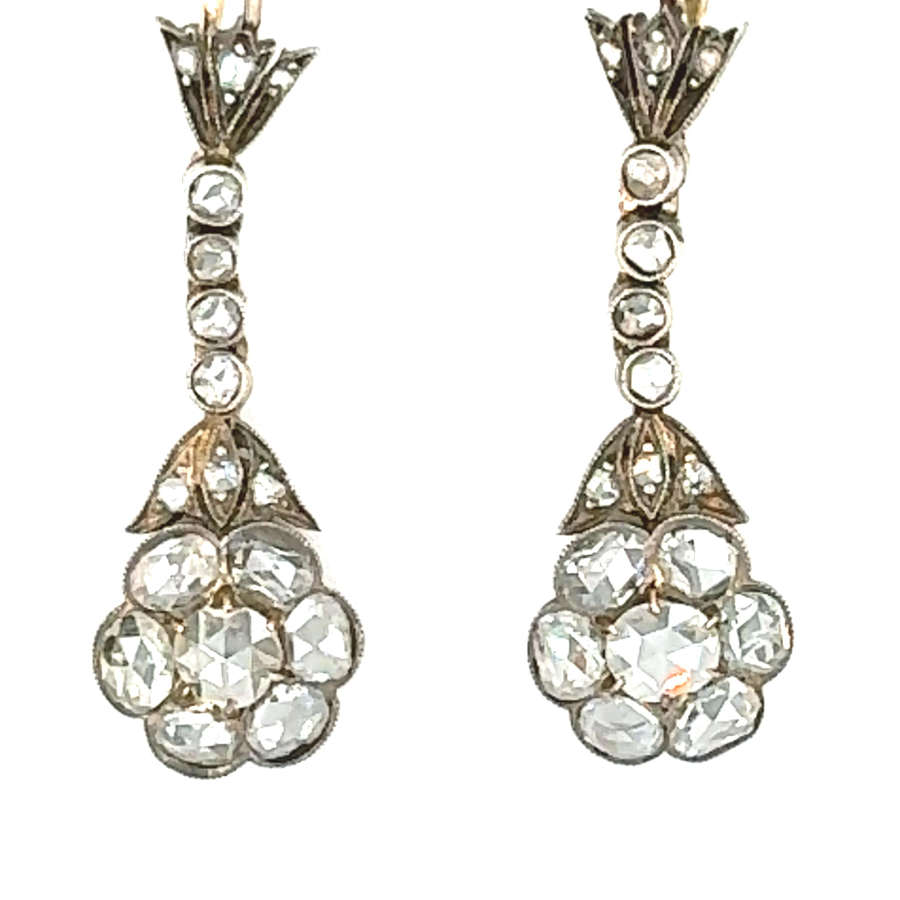 Pendants d'oreilles en argent et or avec diamants taillés en rose à l'ancienne Pour hommes en vente